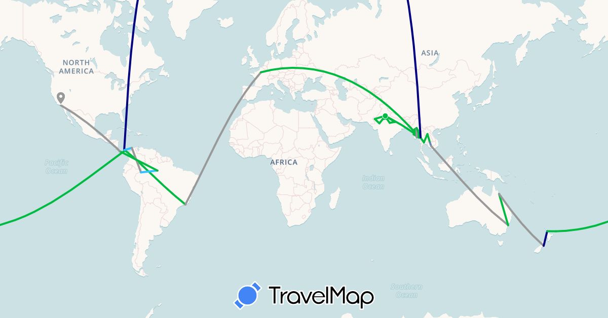 TravelMap itinerary: driving, bus, plane, cycling, boat in Australia, Brazil, Colombia, Costa Rica, France, India, Cambodia, Myanmar (Burma), New Zealand, Panama, Thailand, United States, Vietnam (Asia, Europe, North America, Oceania, South America)